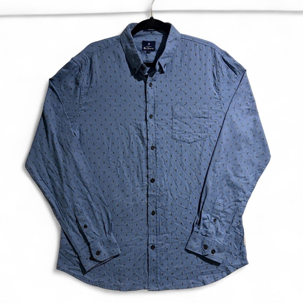 Ben Sherman Mens Blue Polka Dot Long Sleeve Button Up Stretch Shirt Large